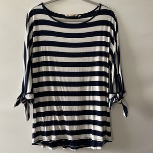 Soft Surroundings Striped Knit Top Navy White Tie 3/4 Sleeves Size S Small